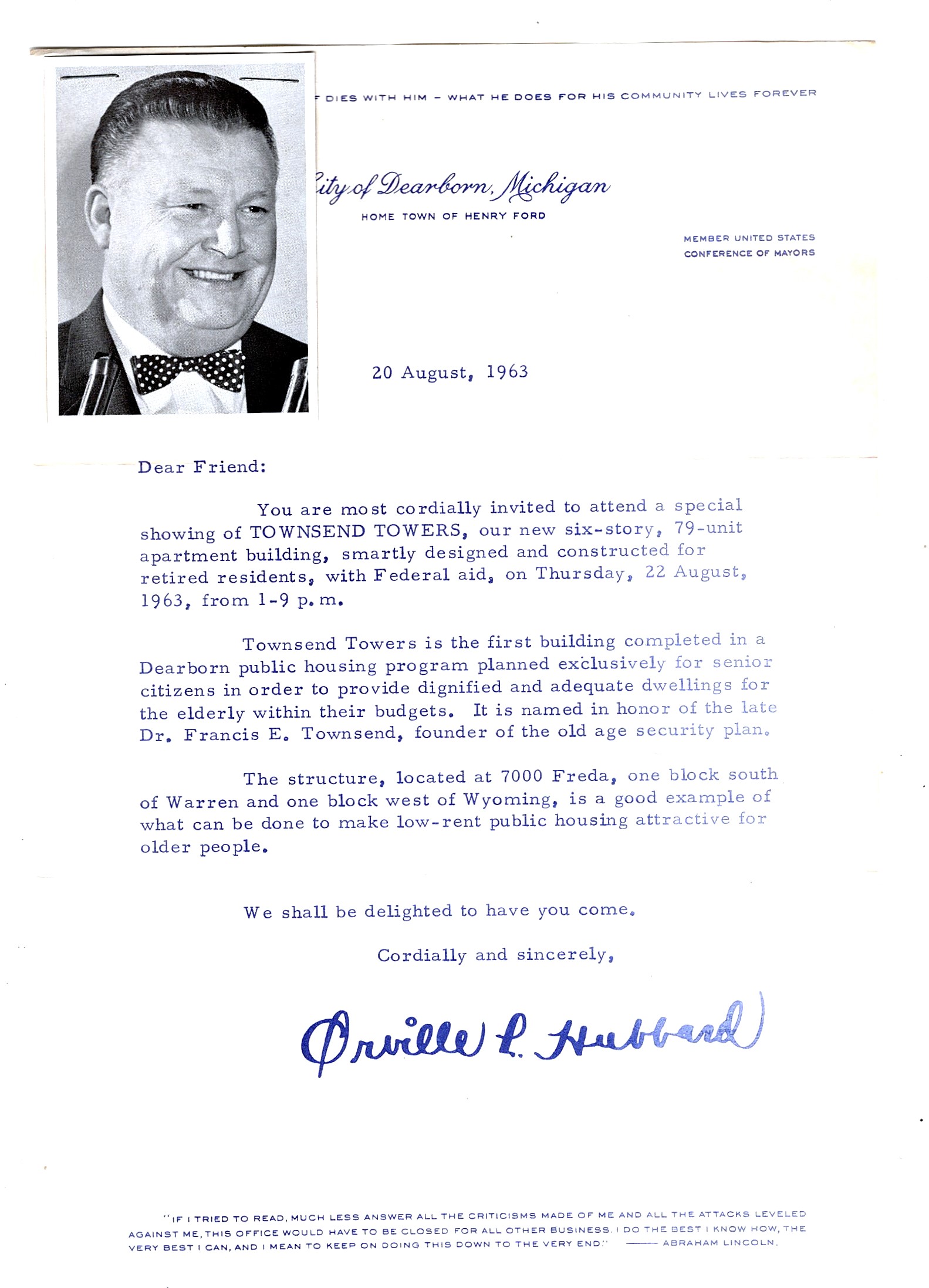 City of Dearborn, Michigan, Opening of Townsend Towers : Letter from Mayor Orville L. Hubbard, 20 August, 1963, with Real Photo