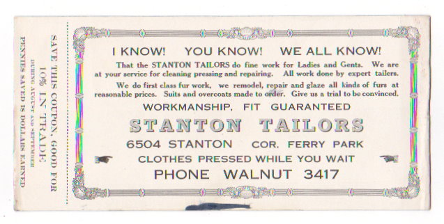 Image for Stanton Tailors Advertising Blotter :  Detroit, with Coupon Attached