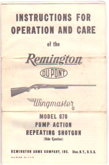 Image for Instructions for Operation and Care of the Remington Dupont Wingmaster Model 870 Pump Action Repeating Shotgun