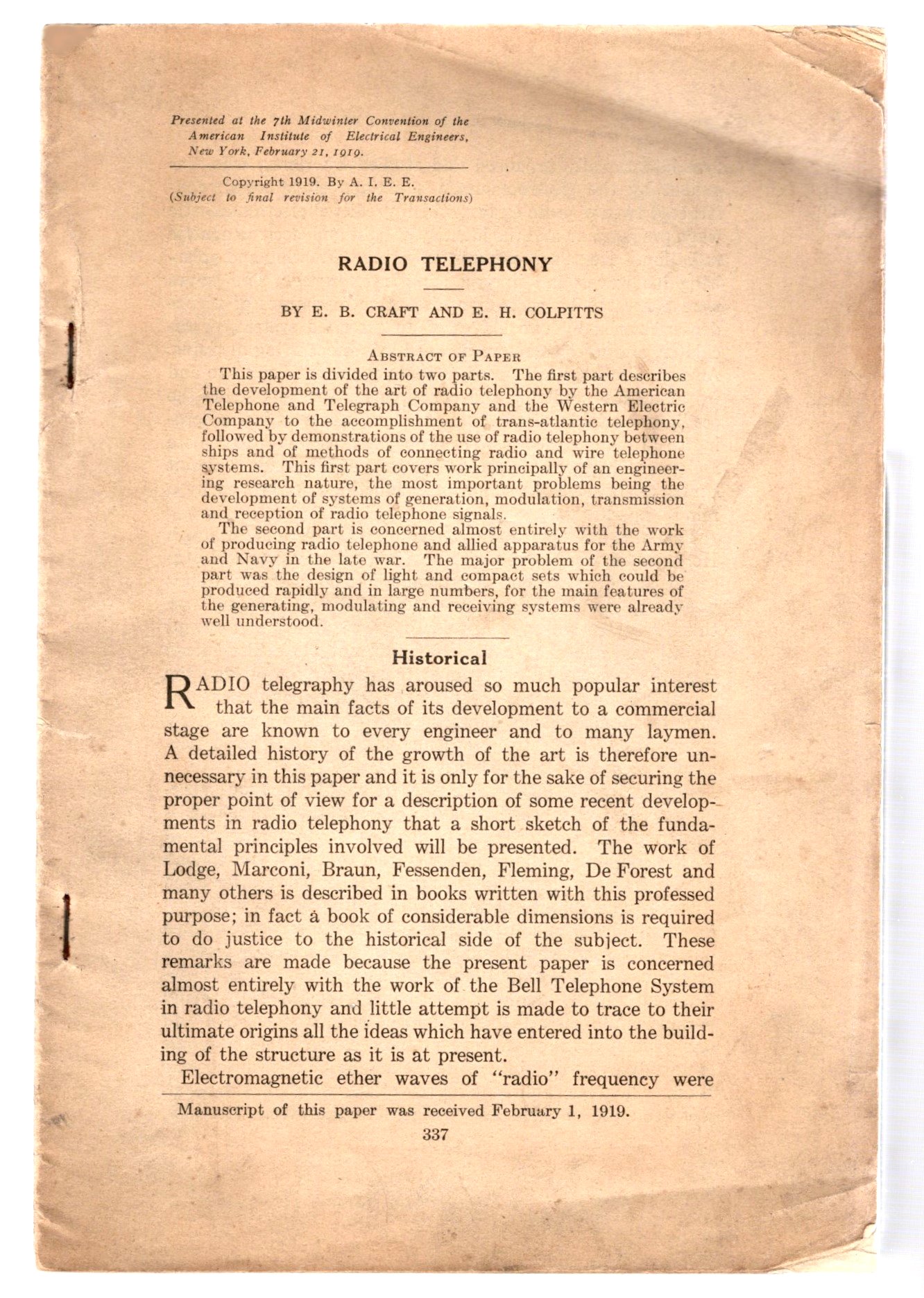 Image for Radio Telephony :  American Institute of Electrical Engineers