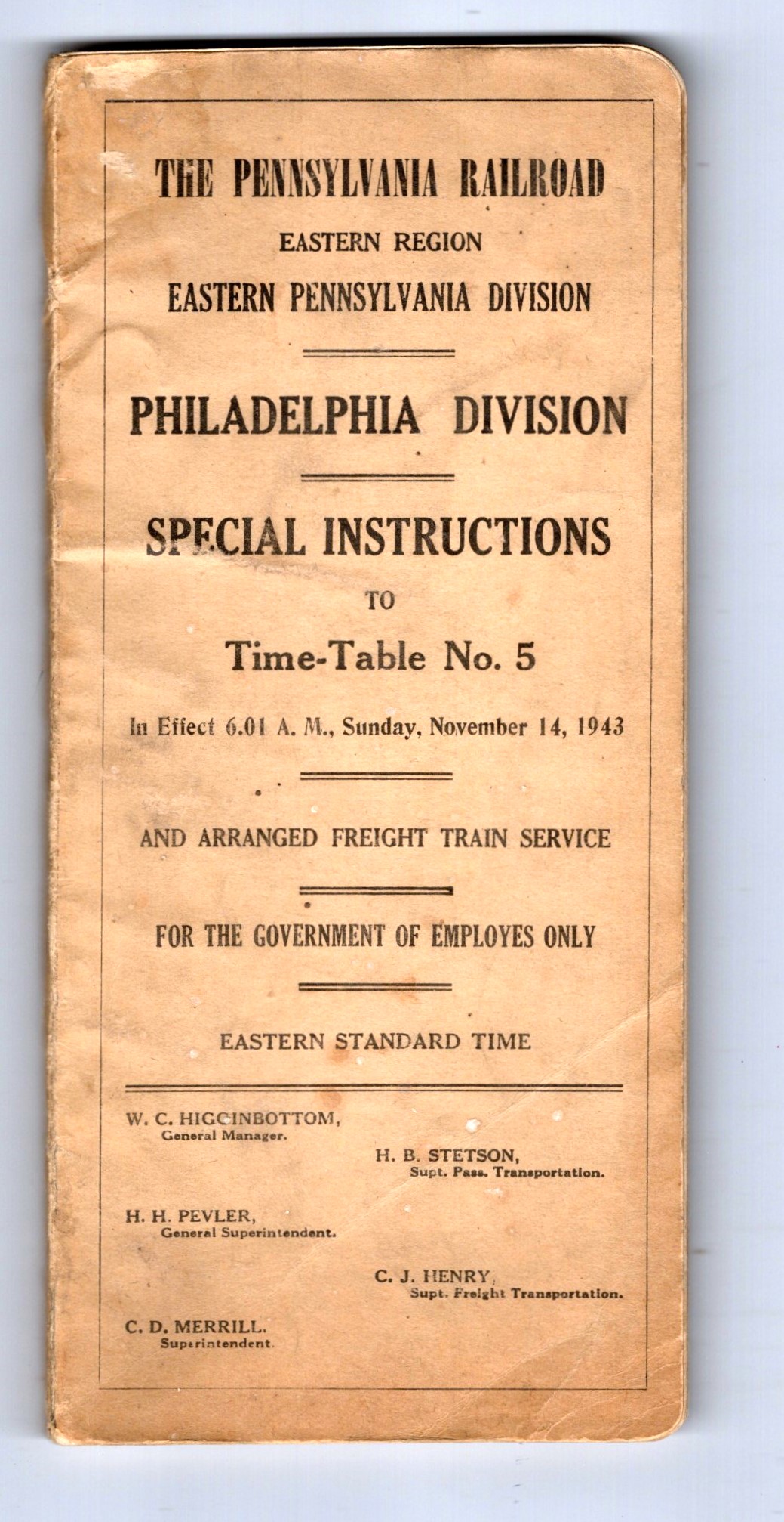 Special Instructions to Timetable Number 5, Pennylvania Railroad, Eastern Region : In Effect 6:01 A. M. Sunday, November 14, 1943