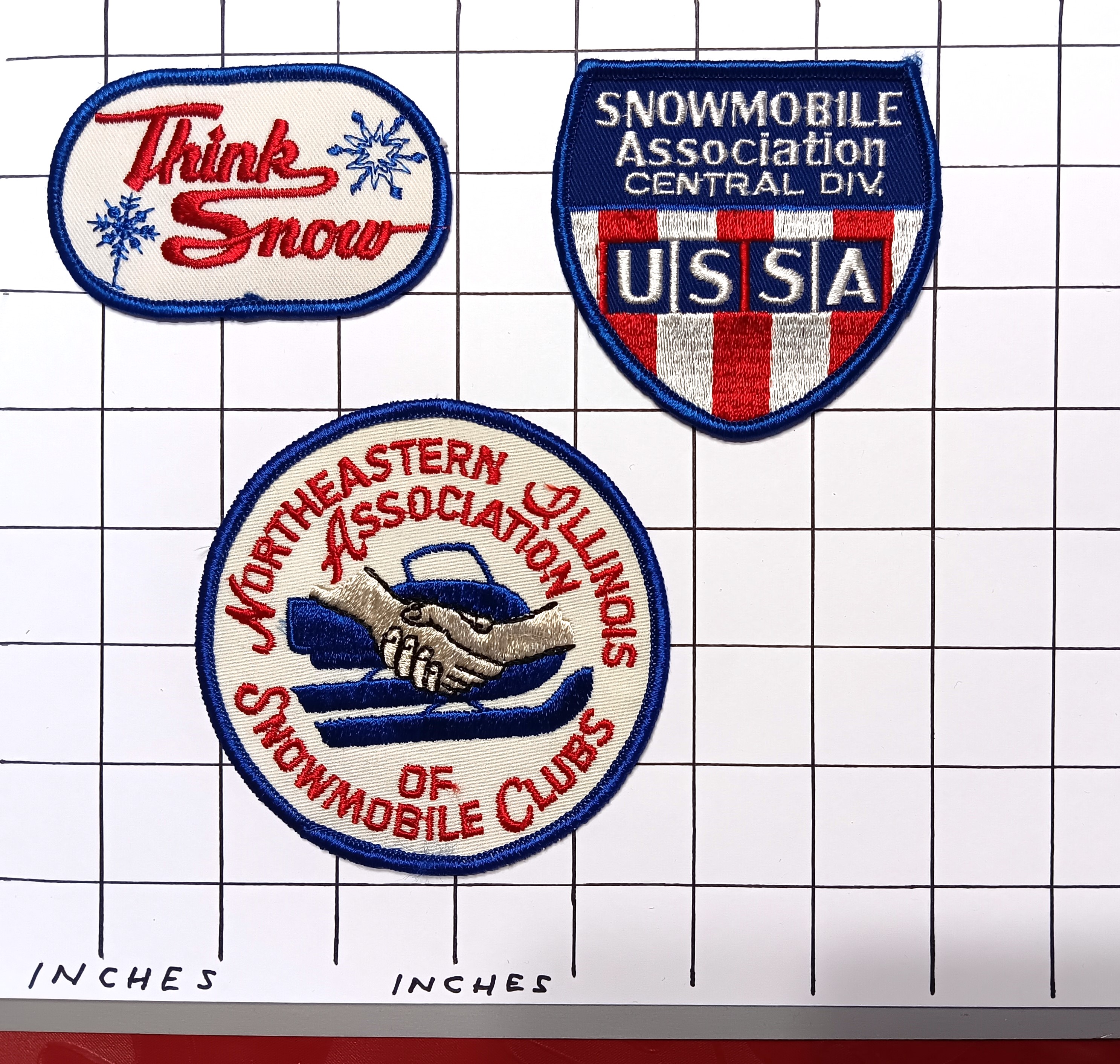 Think Snow, Lot of 3 Snowmobile Patches : Vintage Cloth Patches, Snowmobiling, Illinois
