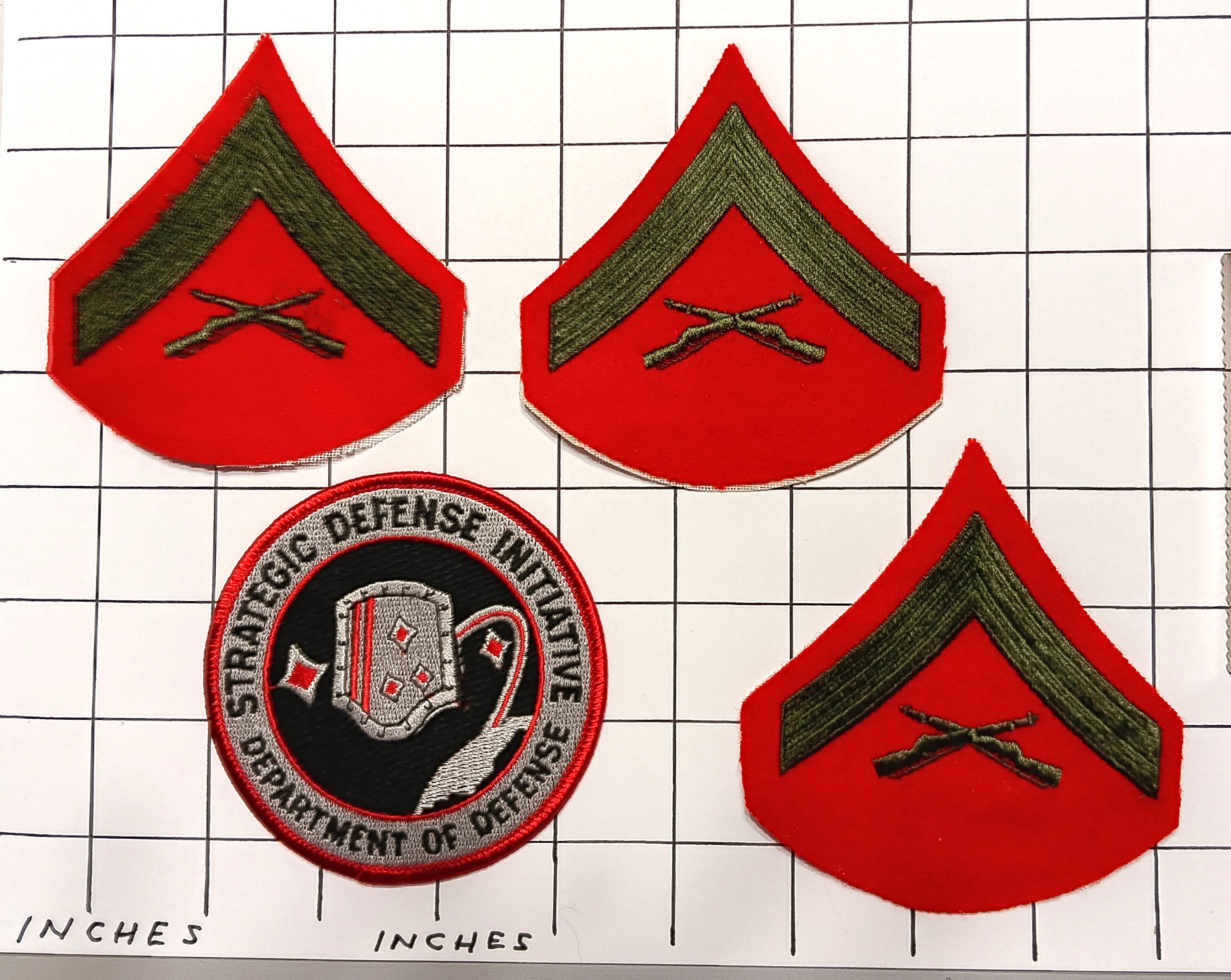 Lot of 4 Military Patches : Vintage Cloth Patches, Strategic Defense Initiative ; Lance Corporal, Marines