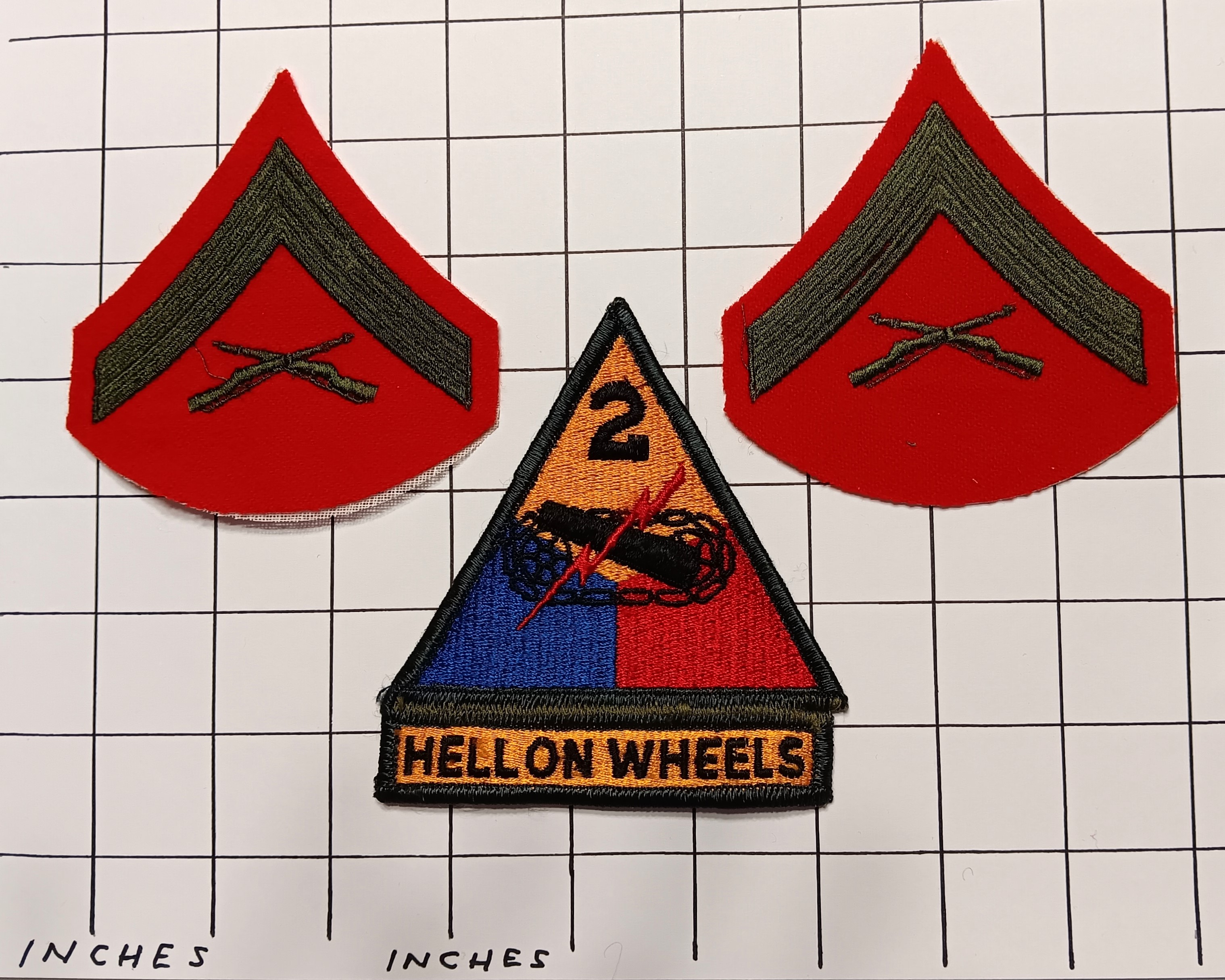 Lot of 3 Military Patches : Vintage Cloth Patches, Hell on Wheels, Lance Corporal, Marines