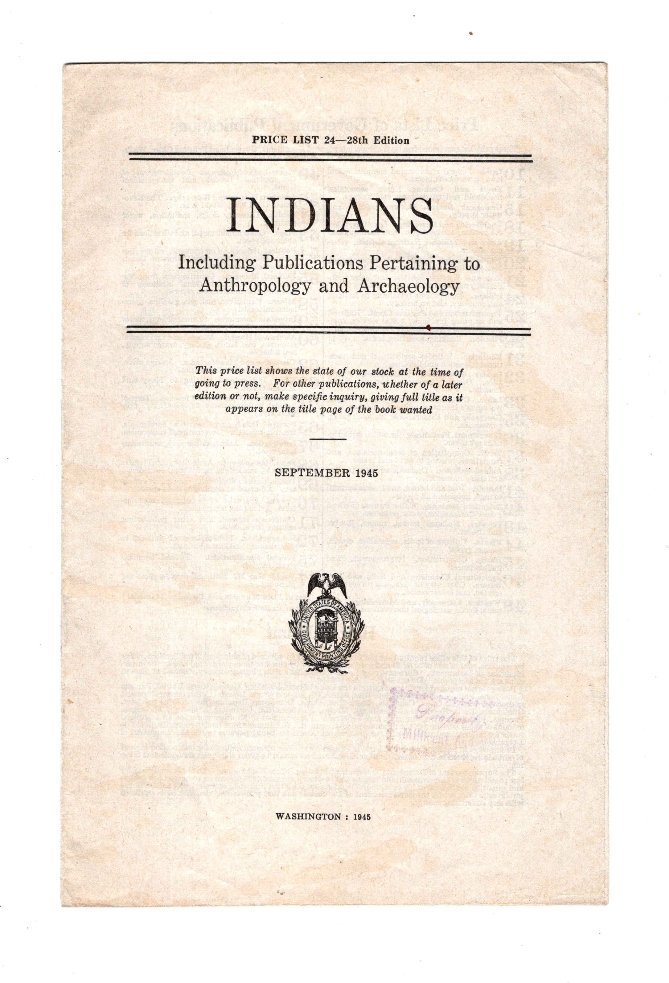 Indians, Including Publications Pertaining to Anthropology and Archaeology : Price List of Government Publications, 1945