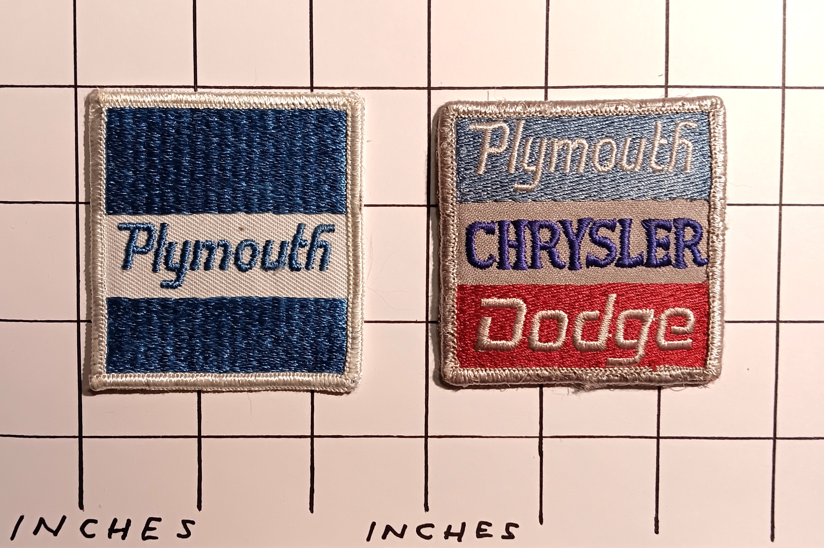 Lot of 2 Patches : Vintage Embroidered Cloth Patches, Plymouth Chrysler Dodge