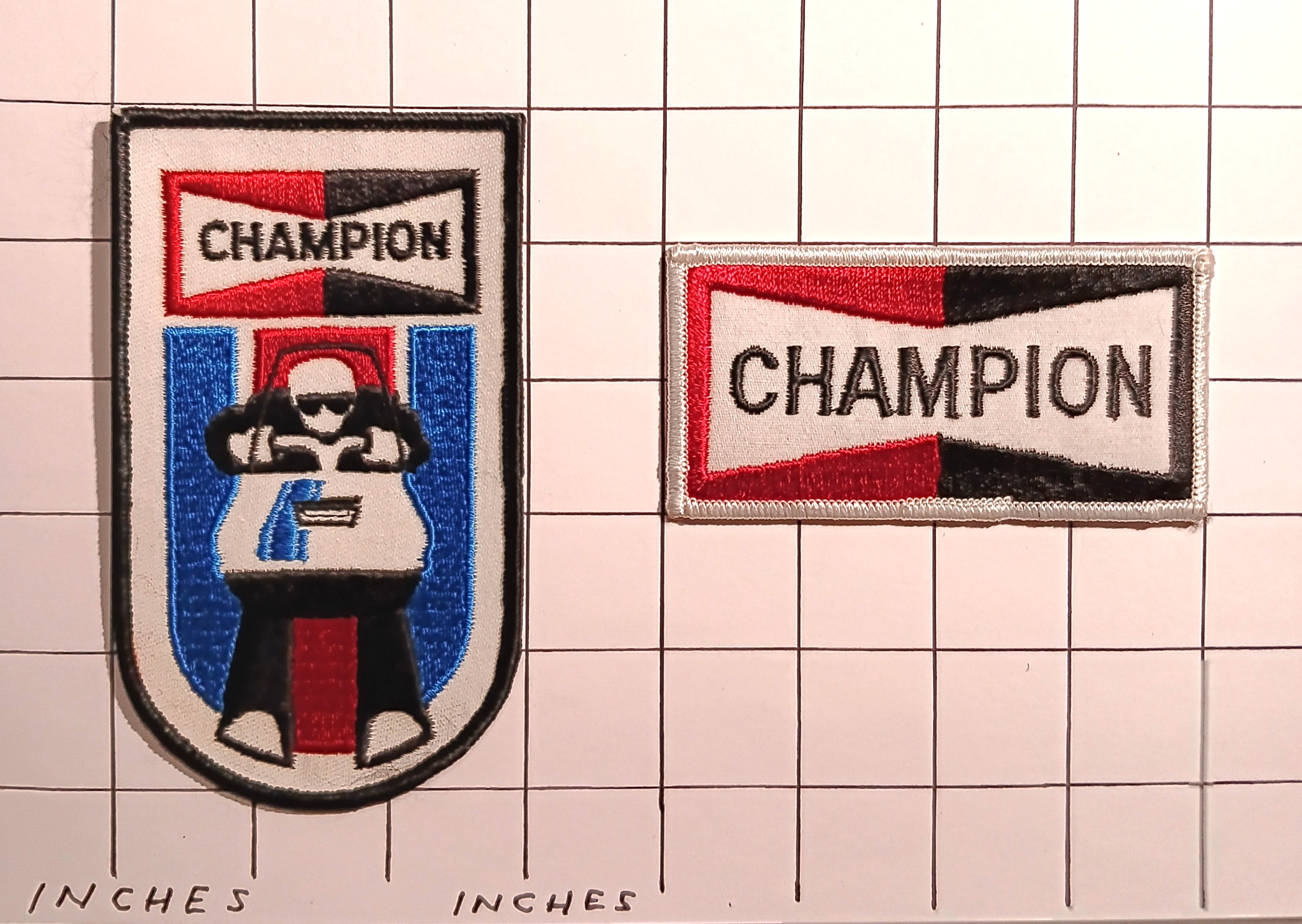 Lot of 2 Patches : Cloth Embroidered Patches, Champion Spark Plugs