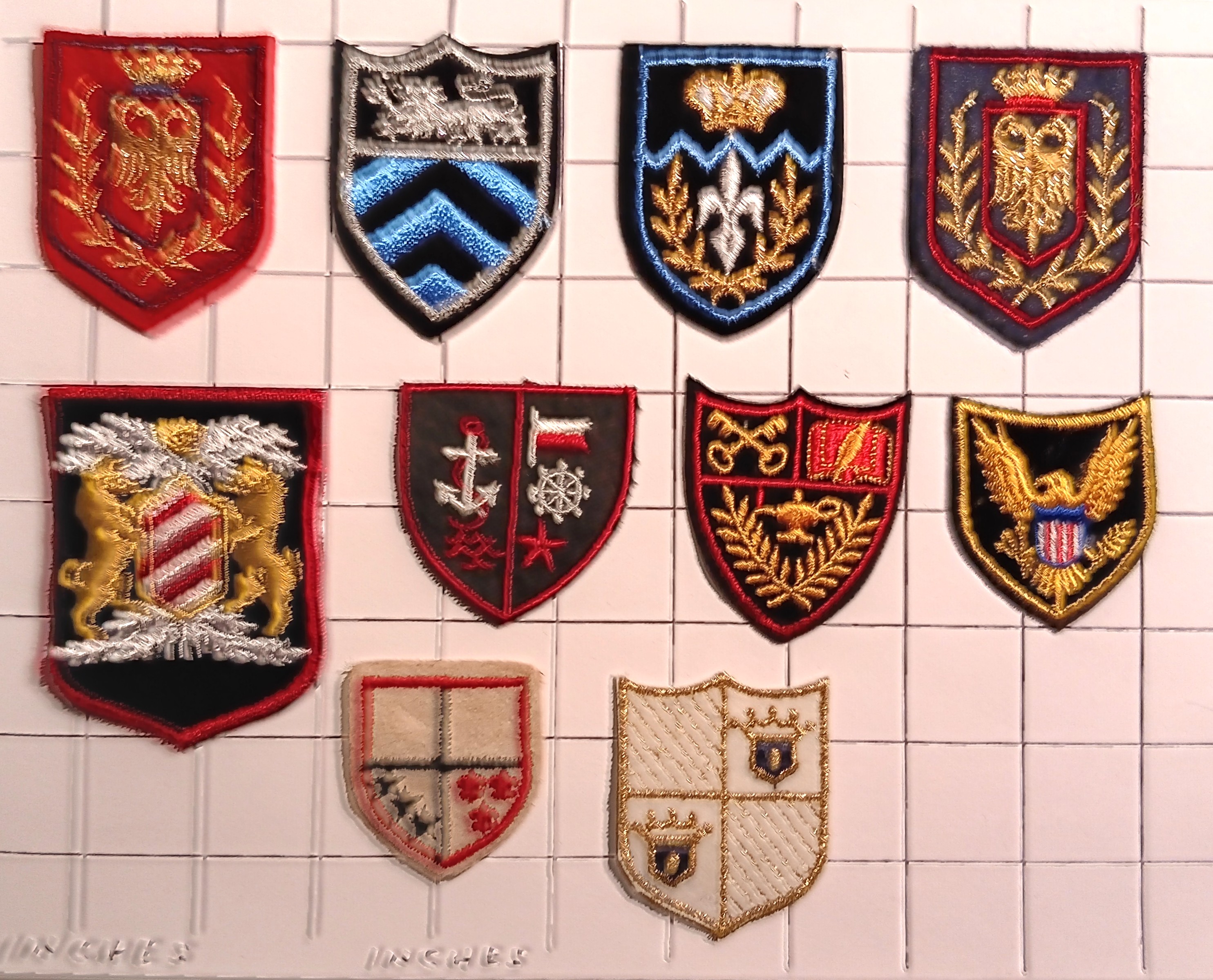 Lot of 10 Escutcheon Style Patches : Vintage Cloth and Felt Embroidered Patches