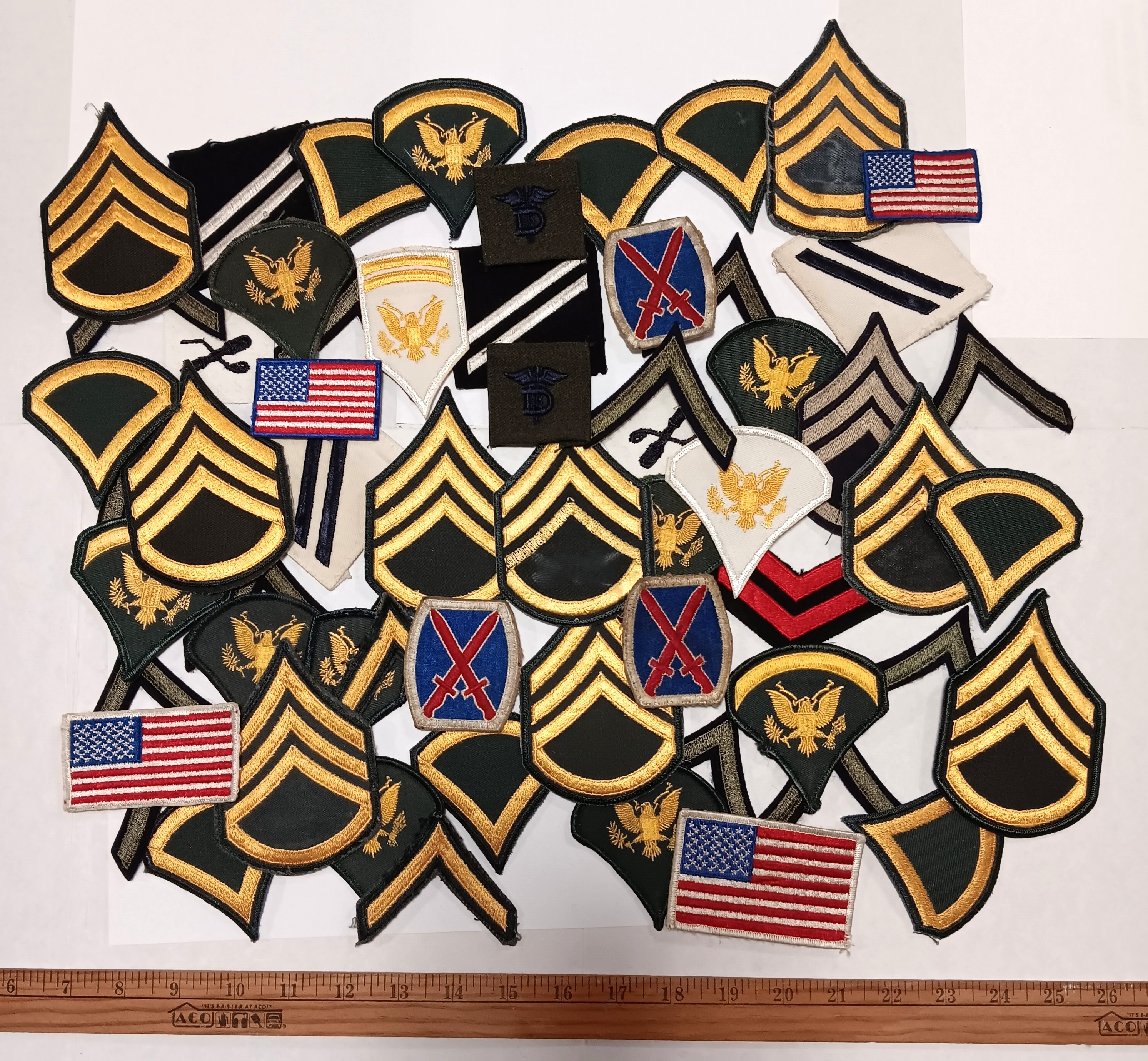 Lot of 60 Vintage Military Insignia Patches : E-1 to E-4 Stripes, Flags, Etc