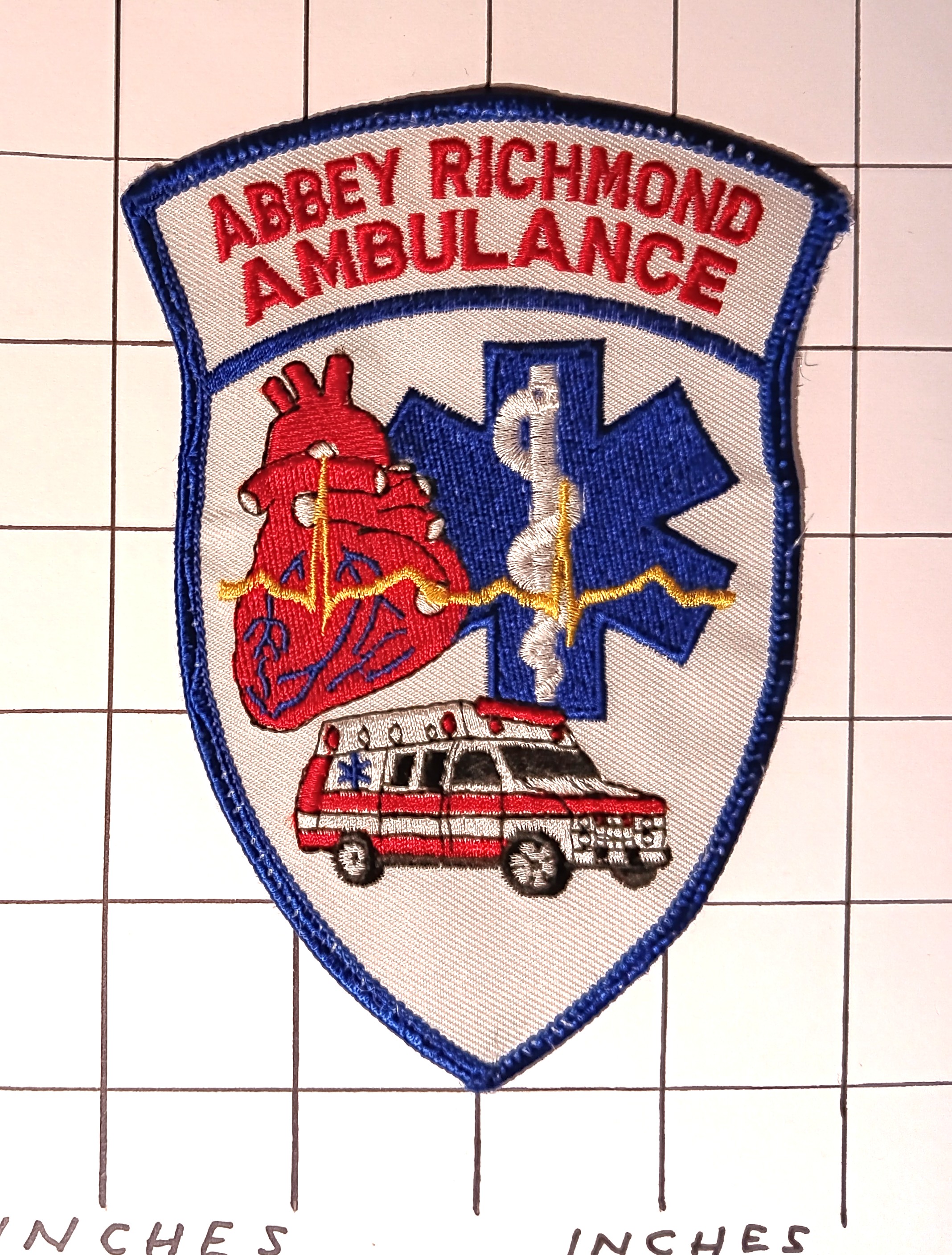 Lot of One Patch : Vintage Embroidered Cloth Patch, Abbey Richmond Ambulance Service, Brooklyn, New York