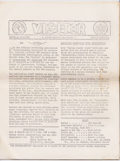Image for Detroit UFO Research Group :  The Visitor, Official Bulletin of the Study Group on Interplanetary Relations, Volume 1, Number 10, May-June 1957